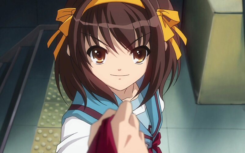 Anime Girl with Brown Hair — Calm, Yellow Bows
