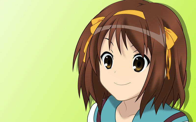 Anime Girl with Brown Hair — Cheerful, Yellow Bow