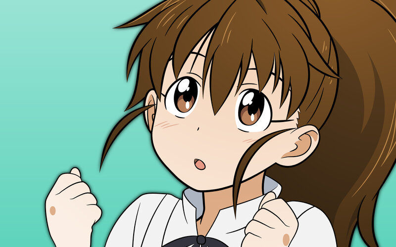 Anime Girl with Brown Hair — Energetic, White Shirt, Fists