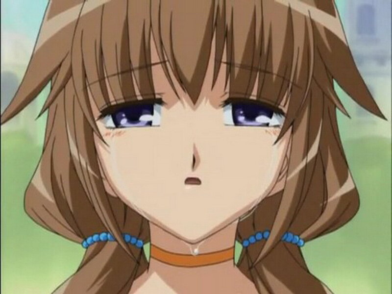 Anime Girl with Brown Hair — Neutral, Blue Eyes, Beaded Necklace