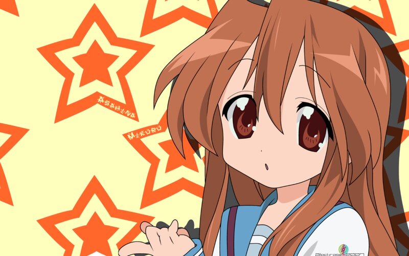 Anime Girl with Brown Hair — Orange, Playful, Stars, Text