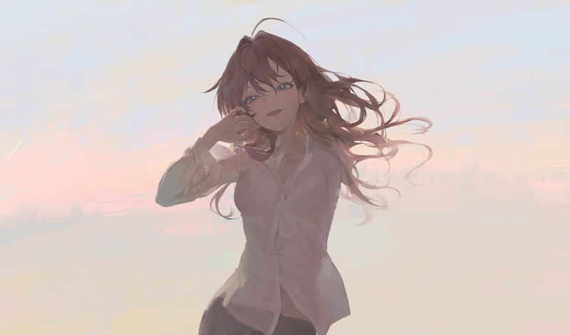 Anime Girl with Brown Hair — Pink, Serene, Sunset
