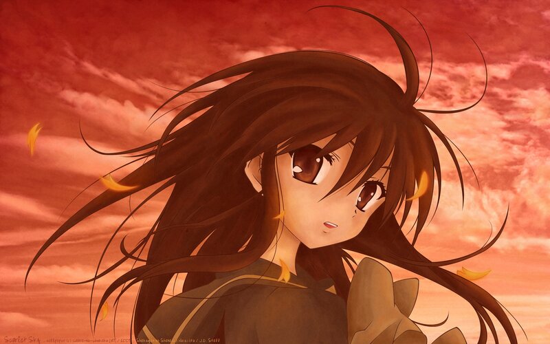 Anime Girl with Brown Hair — Red, Dramatic, Sunset