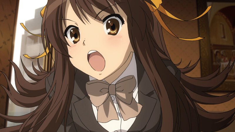 Anime Girl with Brown Hair — Surprised, School Uniform, Bow Tie, Yellow Ribbons, White