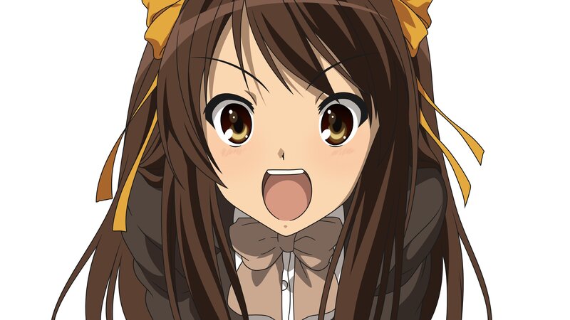 Anime Girl with Brown Hair — Surprised, Yellow Ribbons, Bow Tie