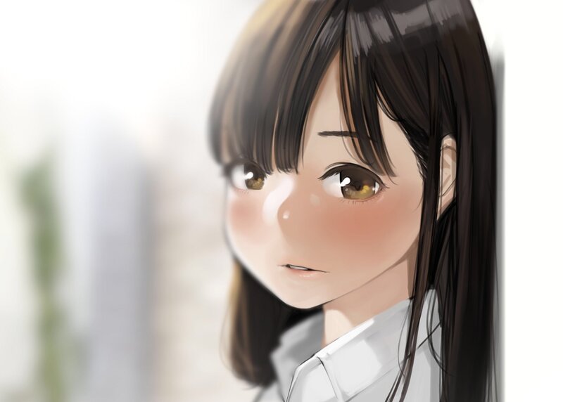 Anime Girl with Brown Hair — White, Calm, Digital Art