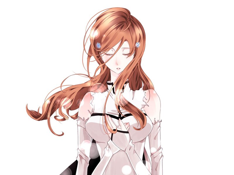 Anime Girl with Brown Hair — White, Calm, Flower