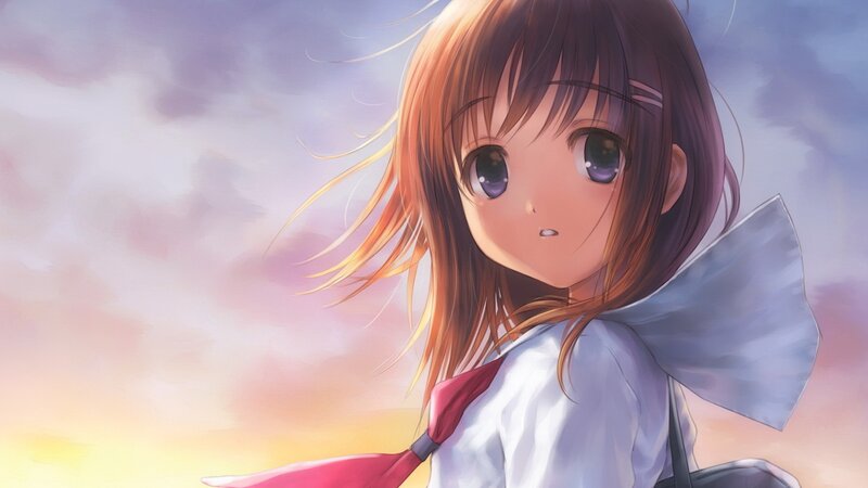 Anime Girl with Brown Hair — White, Serene, Sunset