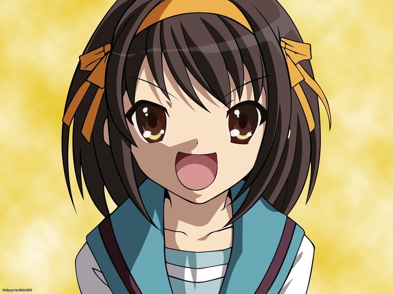 Anime Girl with Brown Hair — Yellow, Happy