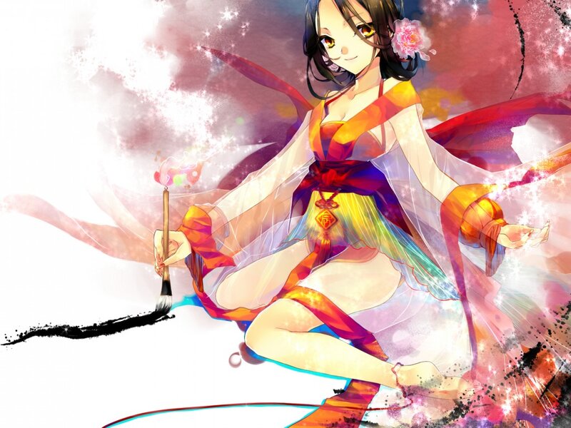 Anime Girl with Brush — White