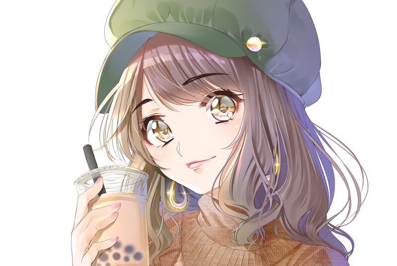 Anime Girl with Bubble Tea — Brown, Calm