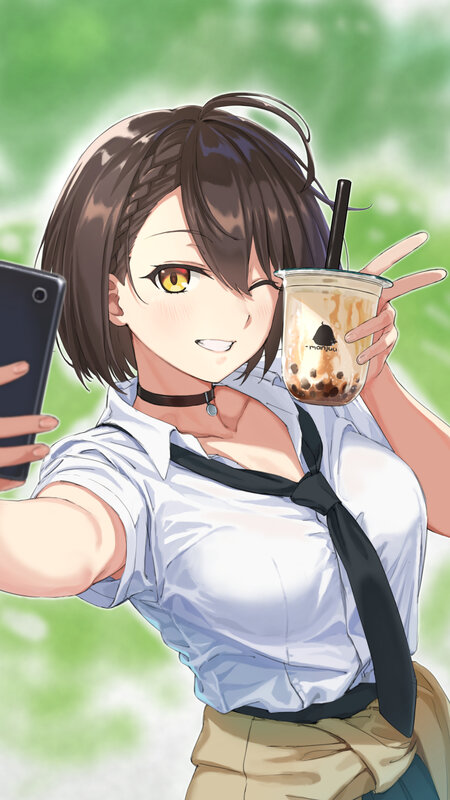 Anime Girl with Bubble Tea — White