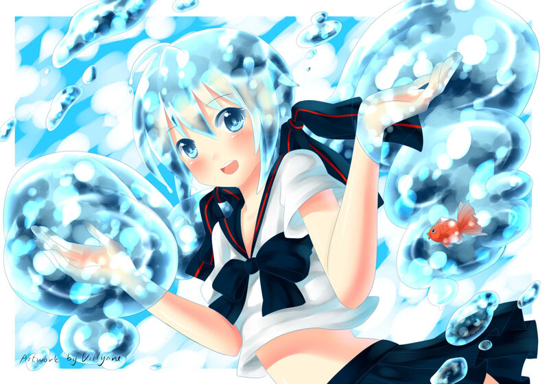 Anime Girl with Bubbles — Blue, Playful, Digital Art