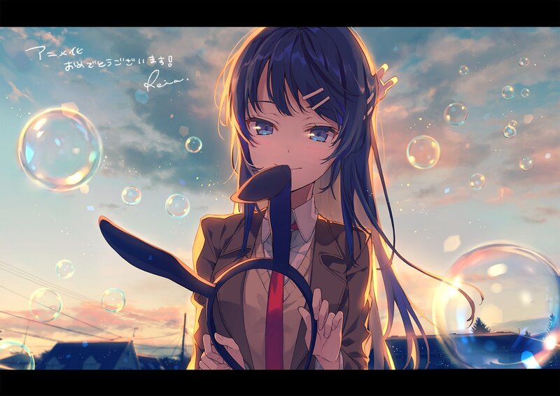 Anime Girl with Bubbles — Blue, Serene, Sunset