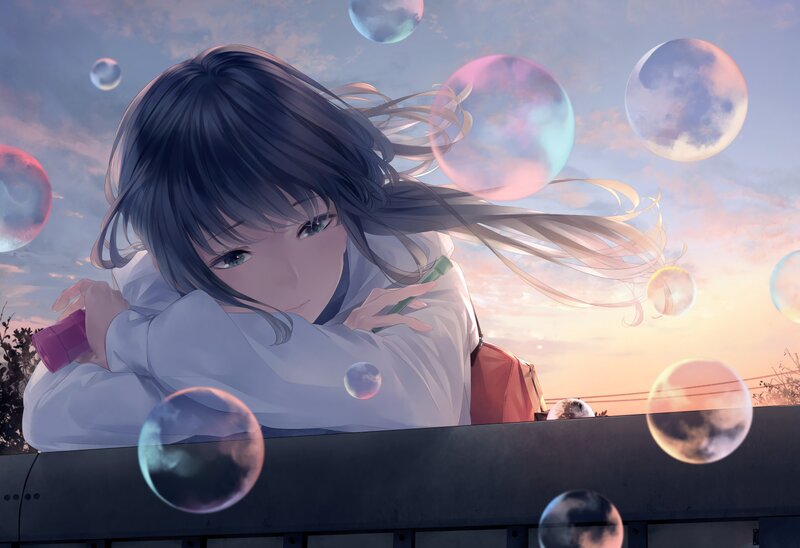 Anime Girl with Bubbles — Blue, Serene