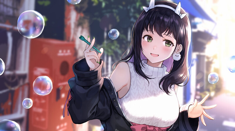 Anime Girl with Bubbles — White, Playful