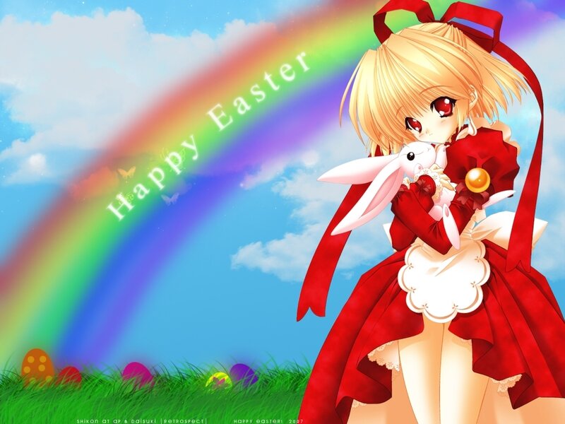 Anime girl with bunny and rainbow