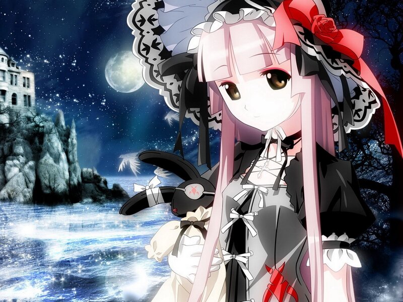 anime girl with bunny at night