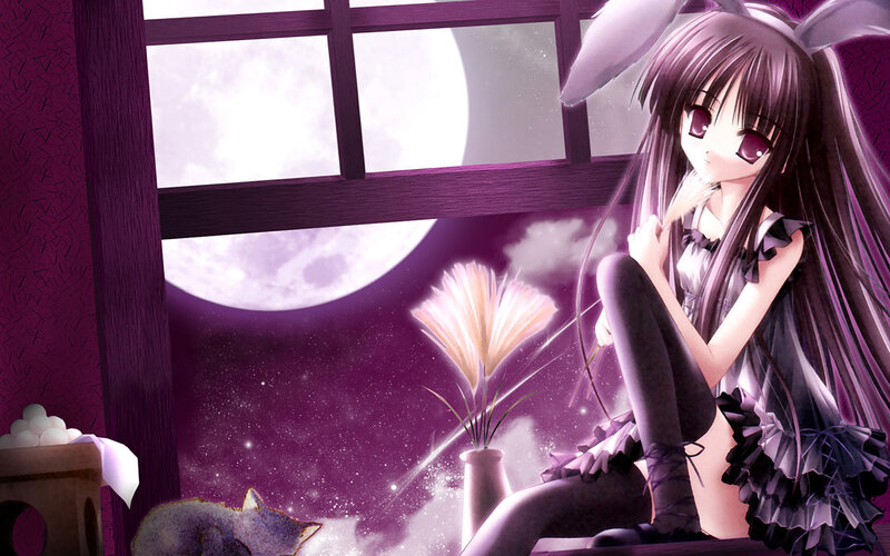Anime girl with bunny ears at night