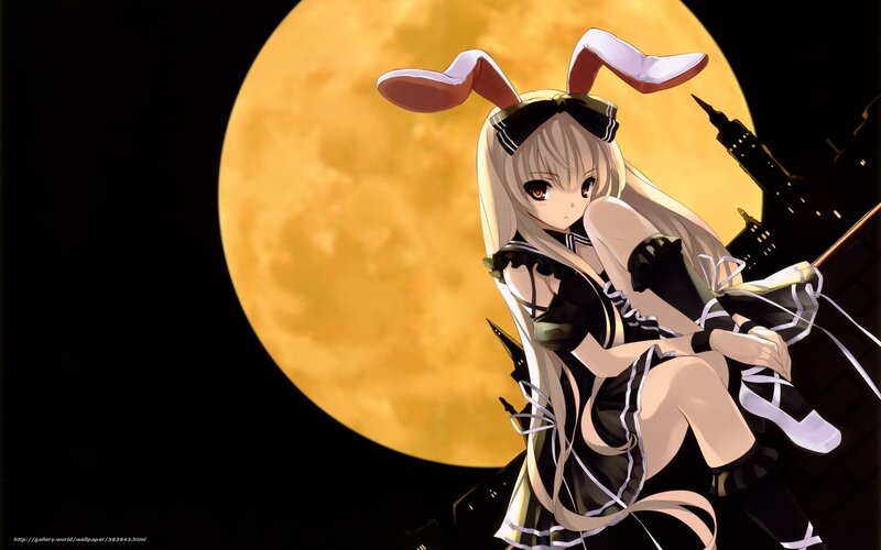 Anime Girl with Bunny Ears — Black, Dramatic, Night, Moon, Cityscape, Bunny Ears
