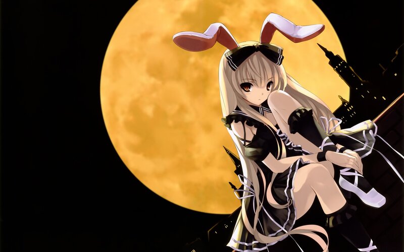 Anime Girl with Bunny Ears — Black, Dramatic, Night, Moon