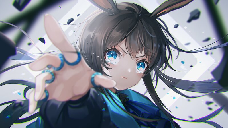 Anime Girl with Bunny Ears — Blue, Dramatic, Digital Art, Bunny Ears, Tears