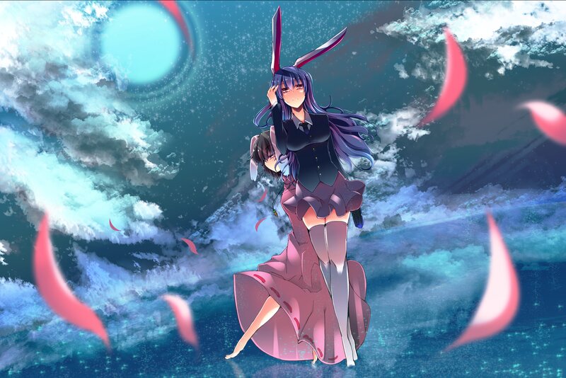 Anime Girl with Bunny Ears — Blue, Dramatic, Night, Digital Art, Bunny Ears