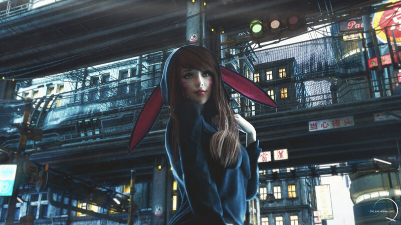Anime Girl with Bunny Ears — Blue, Dramatic, Night, Digital Art, Cityscape