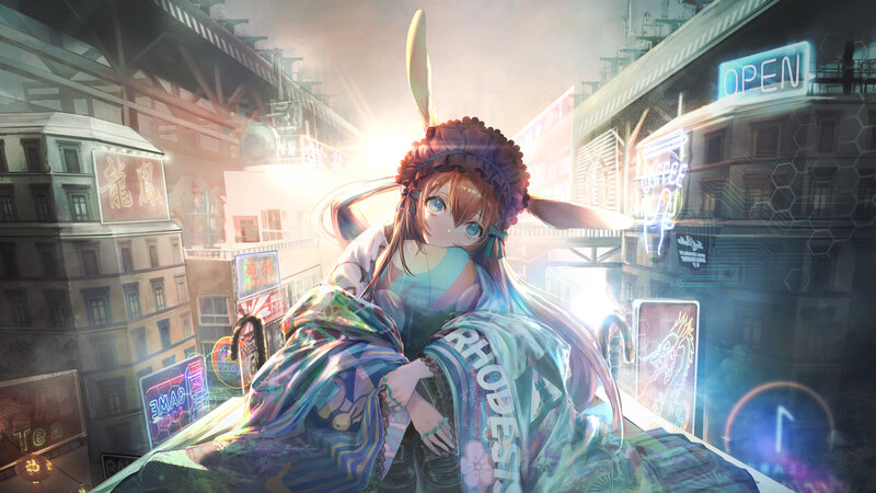 Anime Girl with Bunny Ears — Blue, Dramatic, Night, Digital Art, Neon Signs