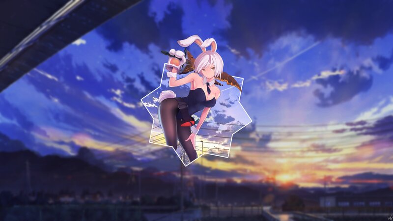 Anime Girl with Bunny Ears — Blue, Dramatic, Sunset