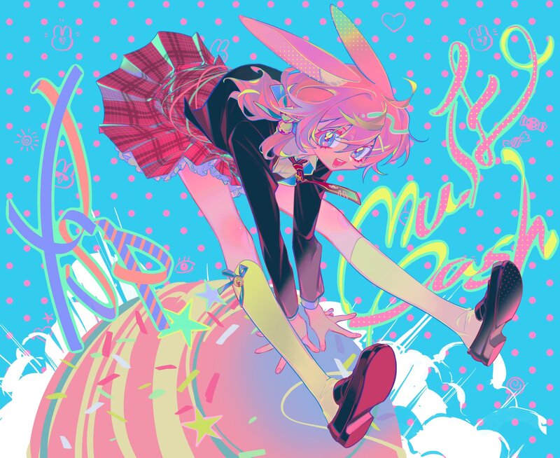 Anime Girl with Bunny Ears — Blue, Playful, Digital Art, Bunny Ears, Plaid Skirt