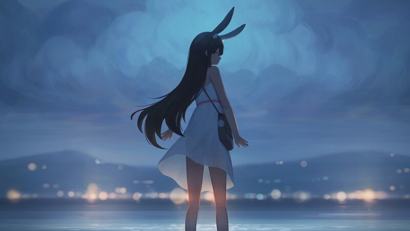 Anime Girl with Bunny Ears — Blue, Serene, Night, Digital Art
