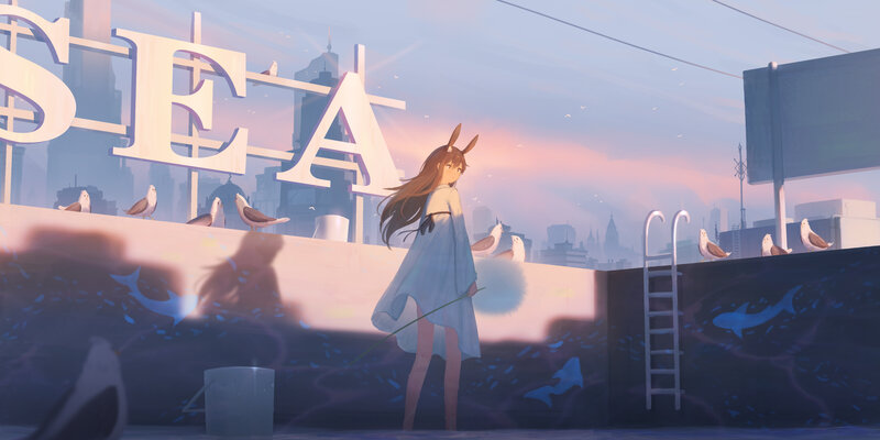 Anime Girl with Bunny Ears — Blue, Serene, Sunset, Digital Art
