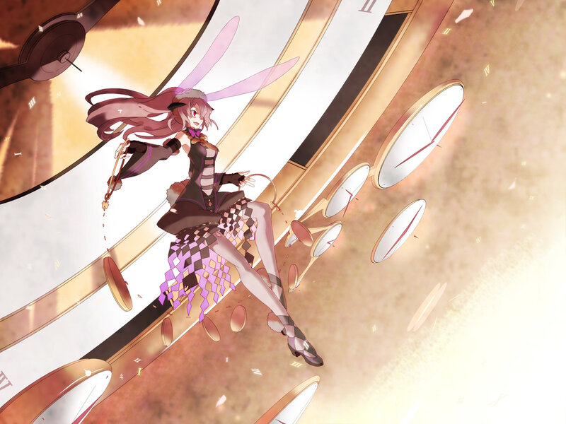 Anime girl with bunny ears in clock world