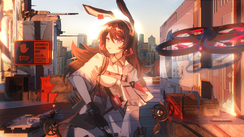 Anime Girl with Bunny Ears — Orange, Dramatic, Sunset