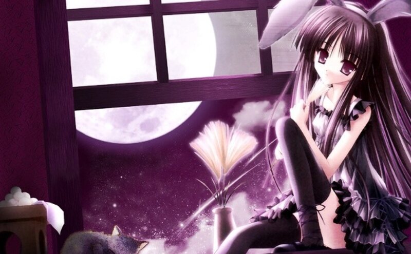 Anime Girl with Bunny Ears — Purple, Serene, Night, Cat