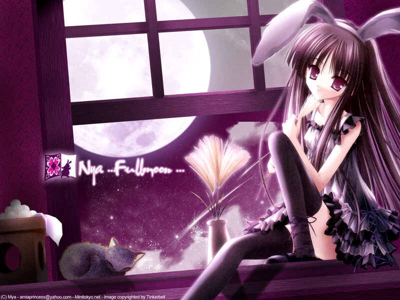 Anime Girl with Bunny Ears — Purple, Serene, Night