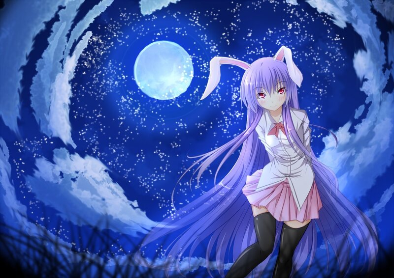 anime girl with bunny ears under moon