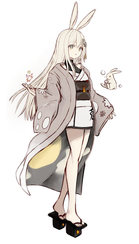 Anime Girl with Bunny Ears — White, Calm, Digital Art, Kimono