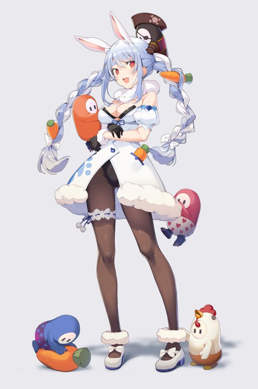 Anime Girl with Bunny Ears — White, Playful, Digital Art, Bunny Ears, Carrots