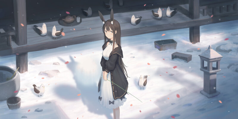 Anime Girl with Bunny Ears — White, Serene, Winter, Digital Art