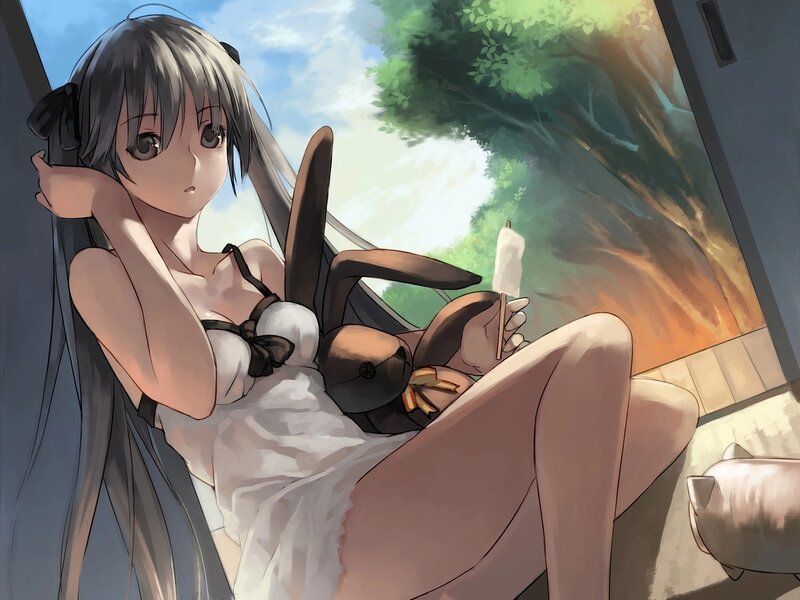 Anime Girl with Bunny Ears — White