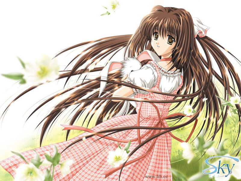 Anime girl with bunny in field