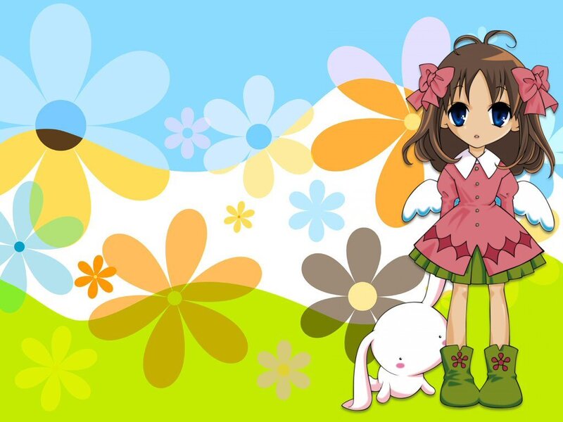 anime girl with bunny in garden