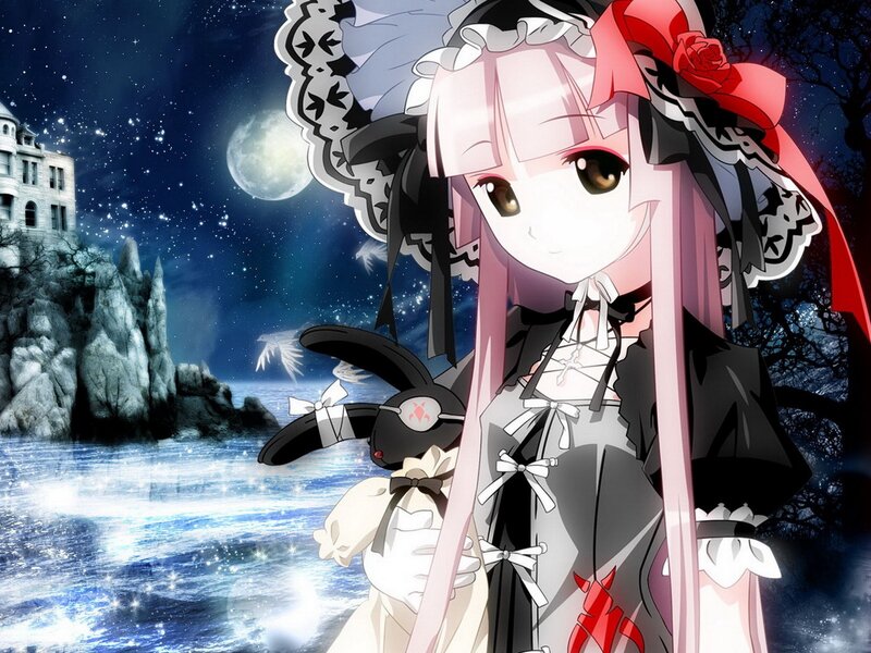 Anime girl with bunny in moonlight