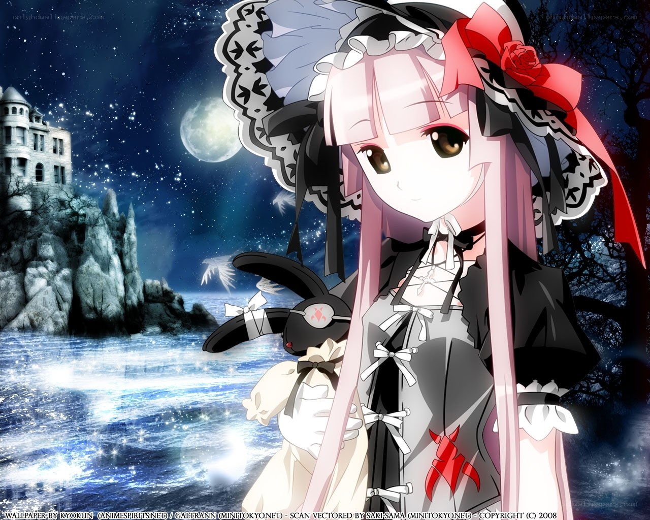 anime girl with bunny in moonlight
