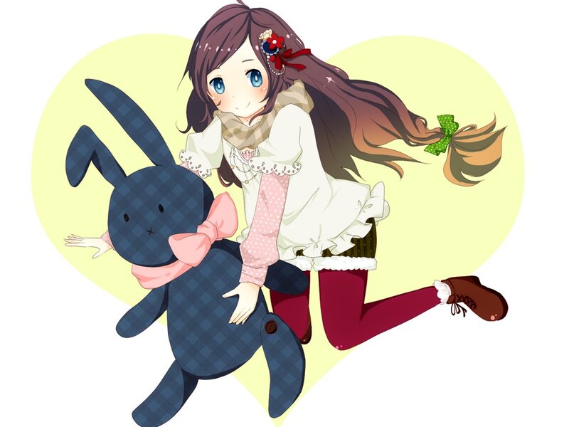 Anime Girl with Bunny — White, Playful