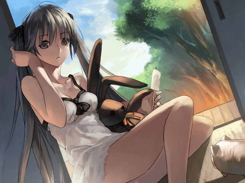 Anime Girl with Bunny — White