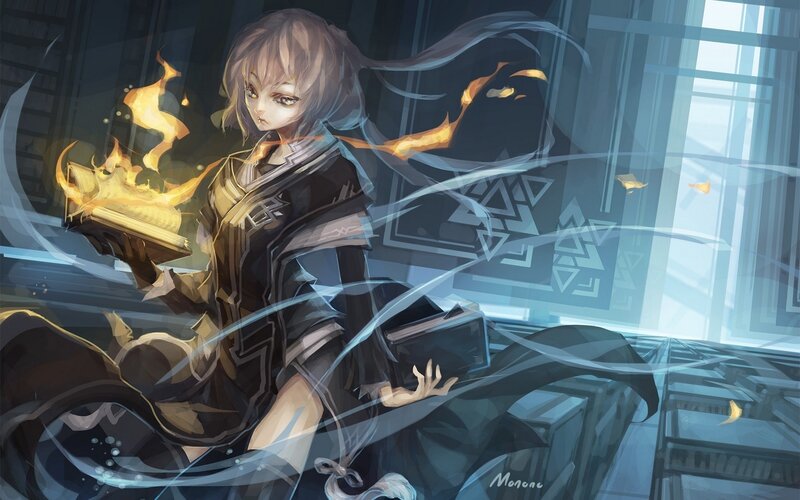 Anime Girl with Burning Book — Blue