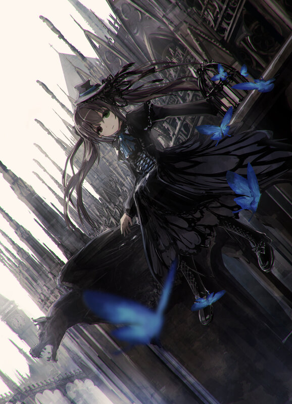 Anime Girl with Butterflies — Black, Dramatic, Digital Art, Castle, Dress